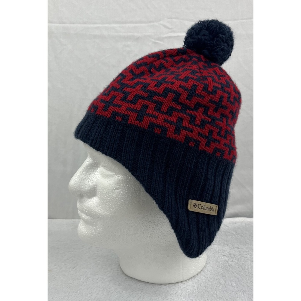 Columbia Omni-Heat Beanie Youth L/XL Navy Red Geometric Knit Pom Pom Winter Hat